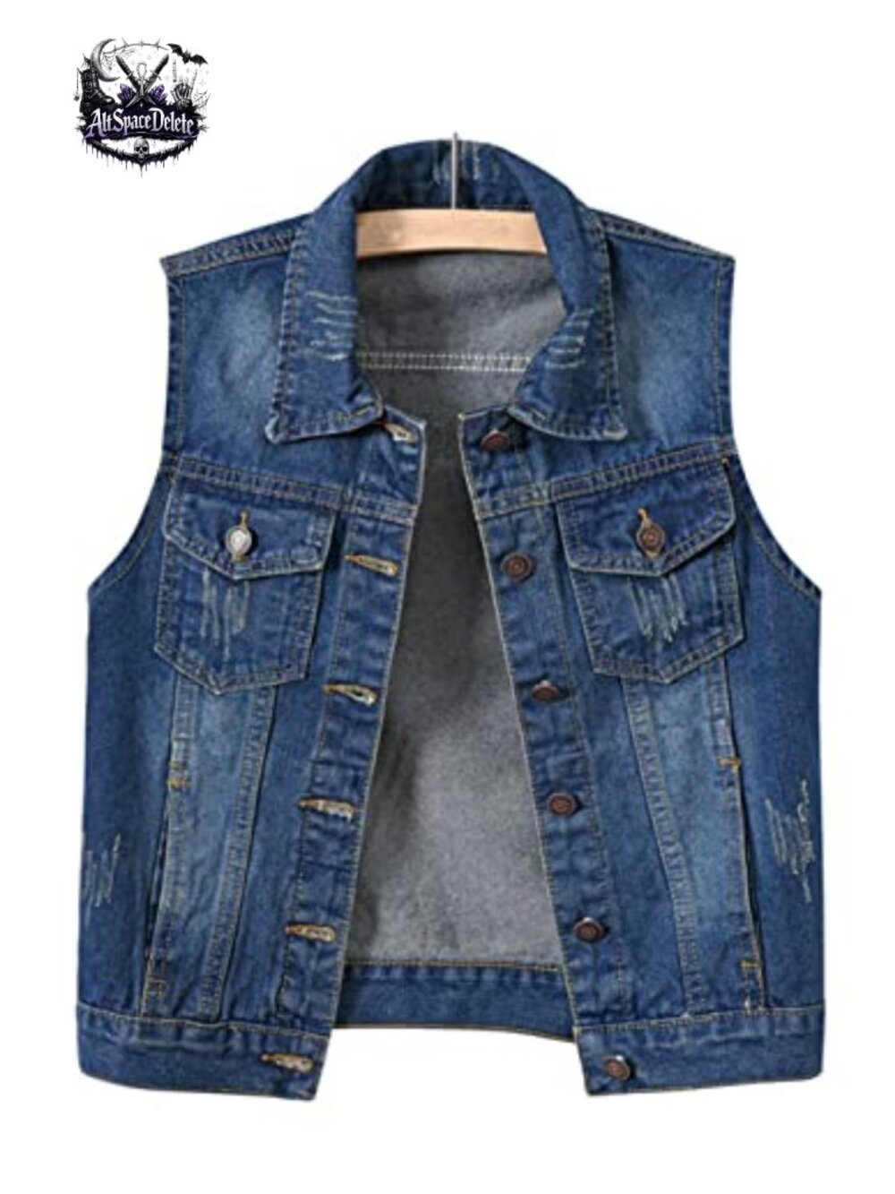 Cotton Polyester Frayed Sleeveless Denim Vest Slim Fit Button Down